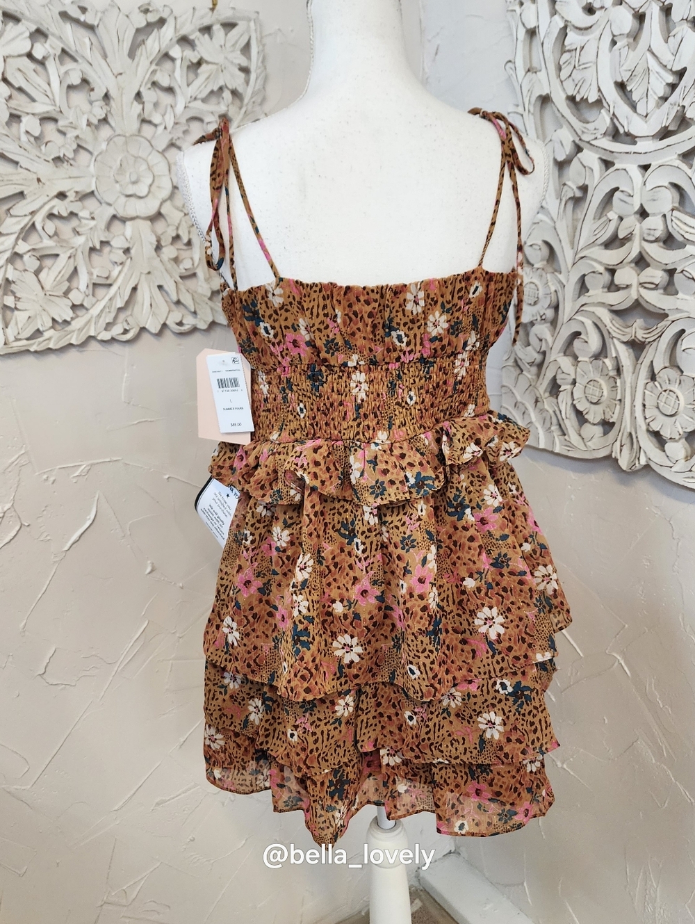 NWT Spring Floral Tiered Ruffle Mini Dress in Warm Brown Summer - Picture 5 of 8